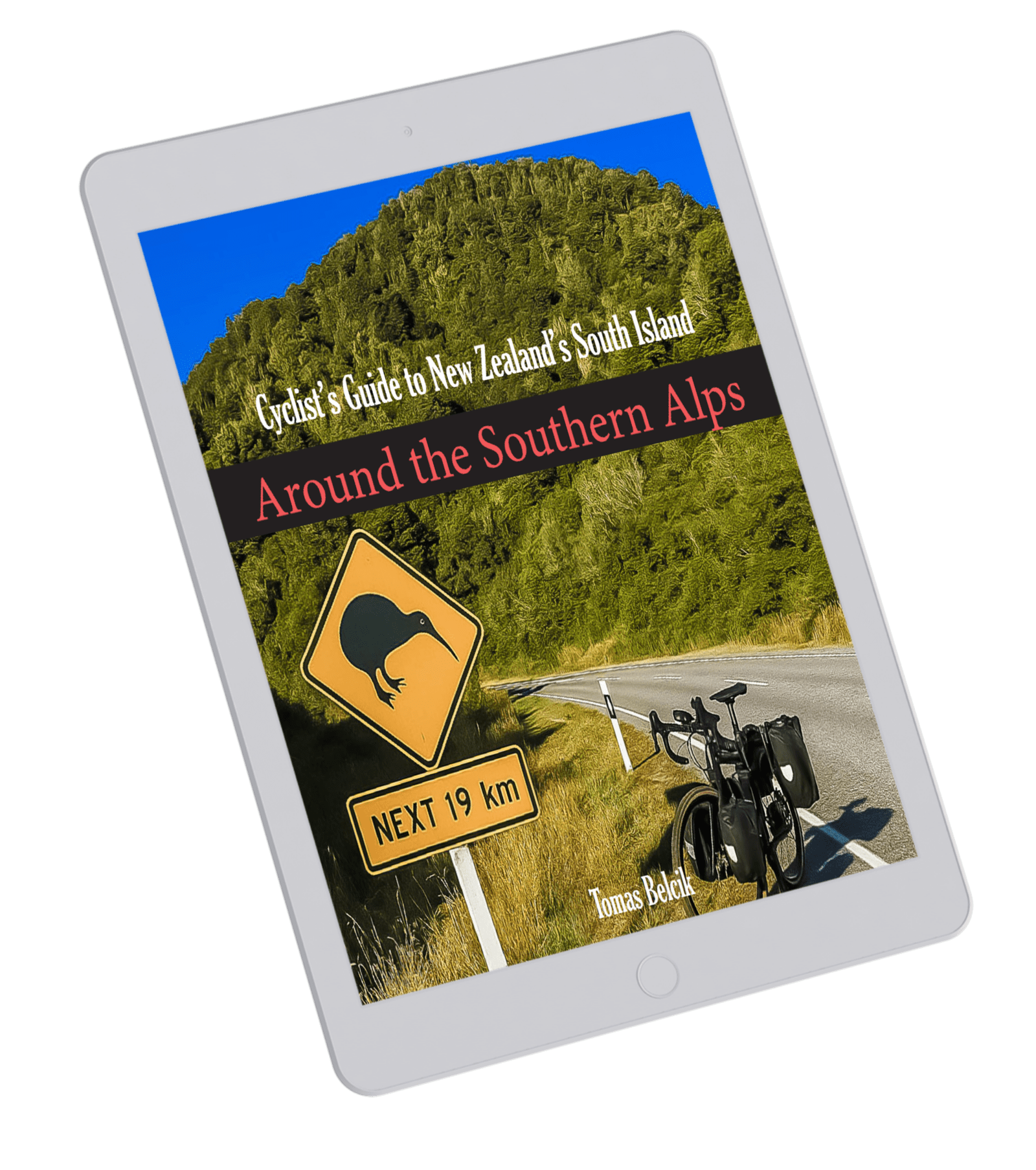 South Island, New Zealand bicycle touring guide on a tablet.