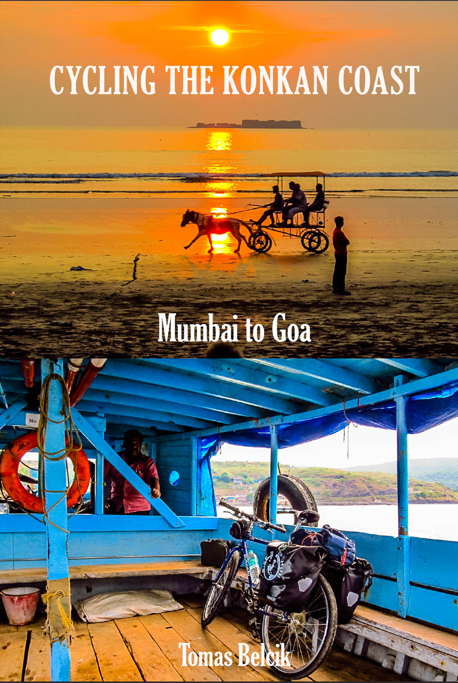 Horse cart on the Murud beach against a stunning sunset, and a bicycle on a small wooden ferry; the Konkan Coast, India.